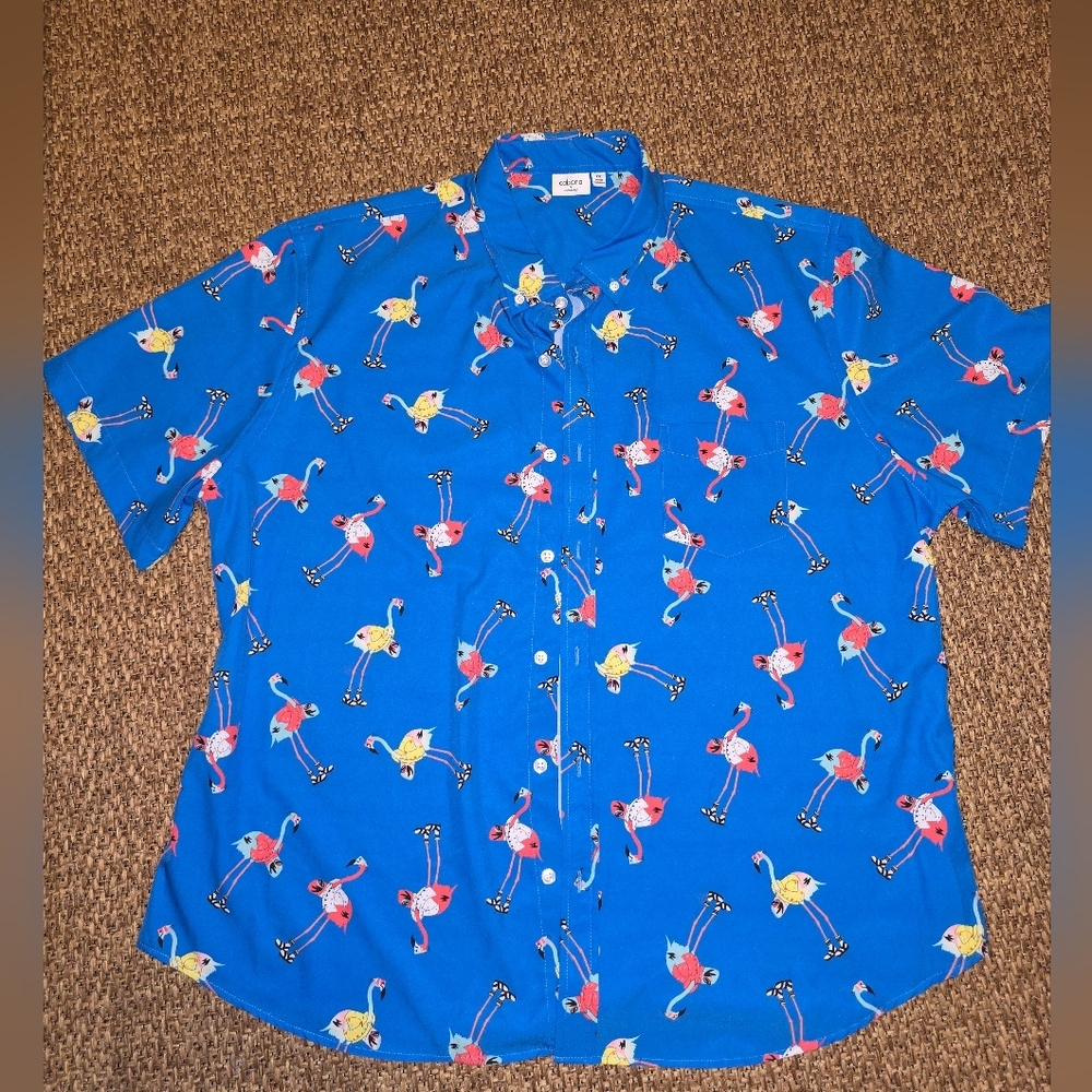 Blue Flamingo Print Button-Down Shirt